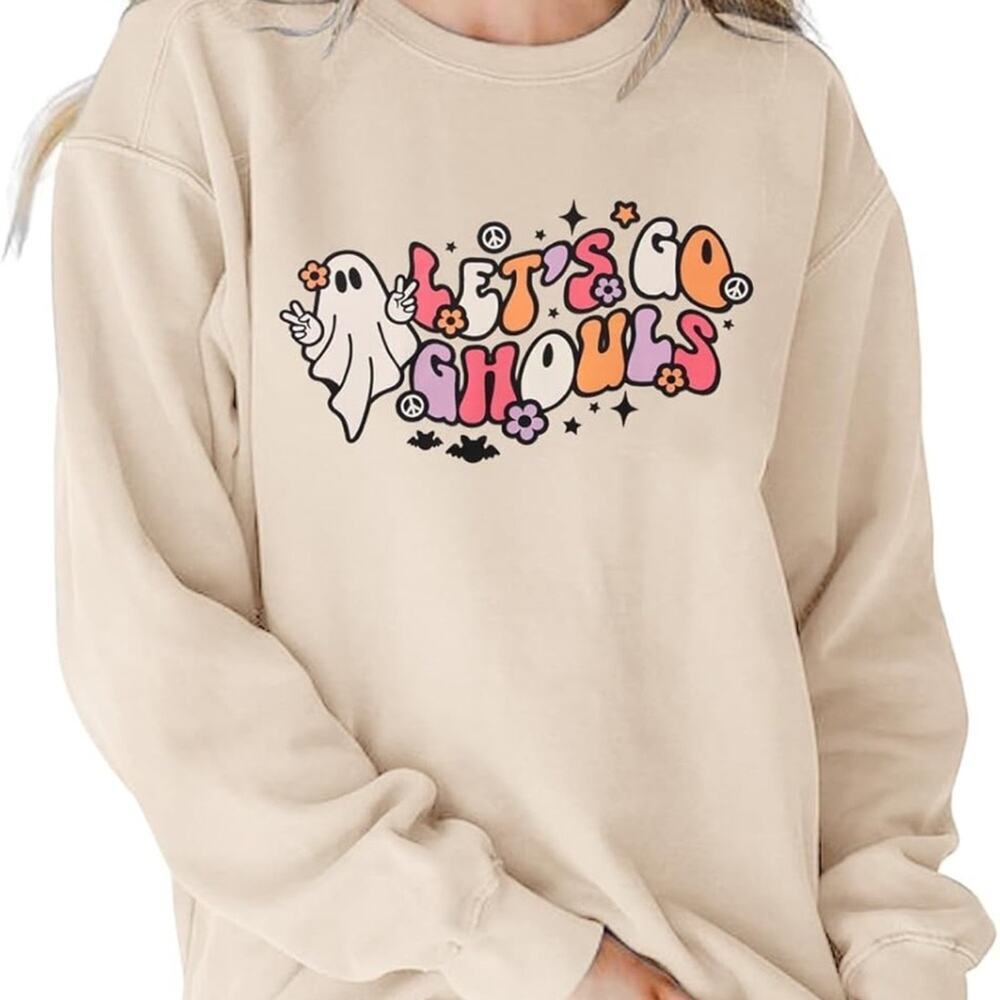 Lets Go Ghouls Sweatshirt Halloween Ghost Spooky Season Crewneck Cream XXL - Picture 4 of 5